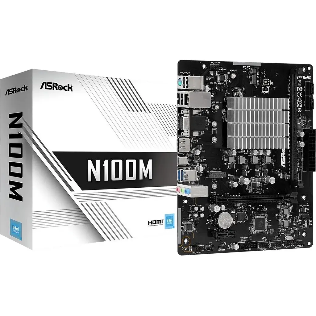 Материнская плата ASRock N100M (Quad-Core N100 3.4GHz, 1xDDR4 DIMM, VGA/HDMI/DP, 1xPCIe, 2xSATAIII, M.2, GLan, mATX) - фото 5