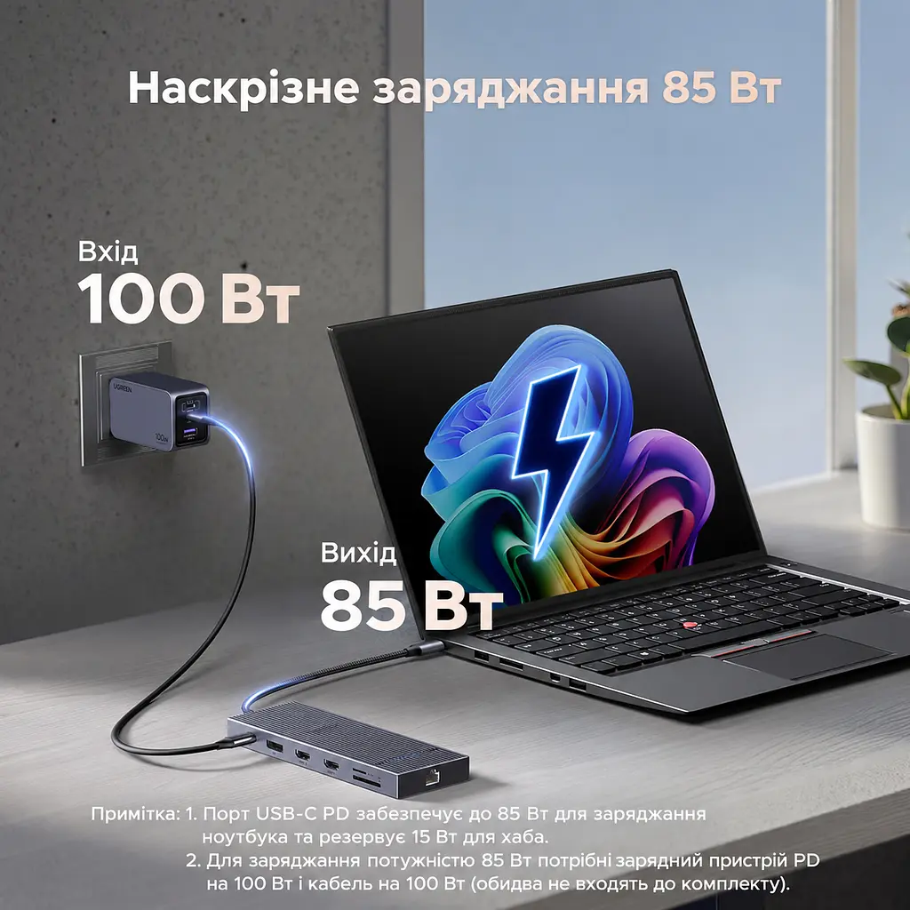 Док-станція USB-C UGREEN Revodok Pro CM886 12-в-1 2 HDMI 2.0 та DisplayPort 1.4 для одного дисплея DP до 4K 120 Гц або HDMI до 4K 60 Гц до трьох дисплеїв macOS однакове зображення на зовнішніх екранах потрібен USB-C з DP Alt Mode 2 USB-C 3.2 Gen2 до 10 Гбіт/с лише дані та 2 USB-A 2.0 вхід USB-C PD 100 Вт ноутбук до 85 Вт із зарядним пристроєм PD 100 Вт і кабелем 100 Вт RJ45 до 1000 Мбіт/с SD/microSD до 170 МБ/с аудіовихід 3,5 мм кабель 40 см космічний сірий (55767) - фото 9