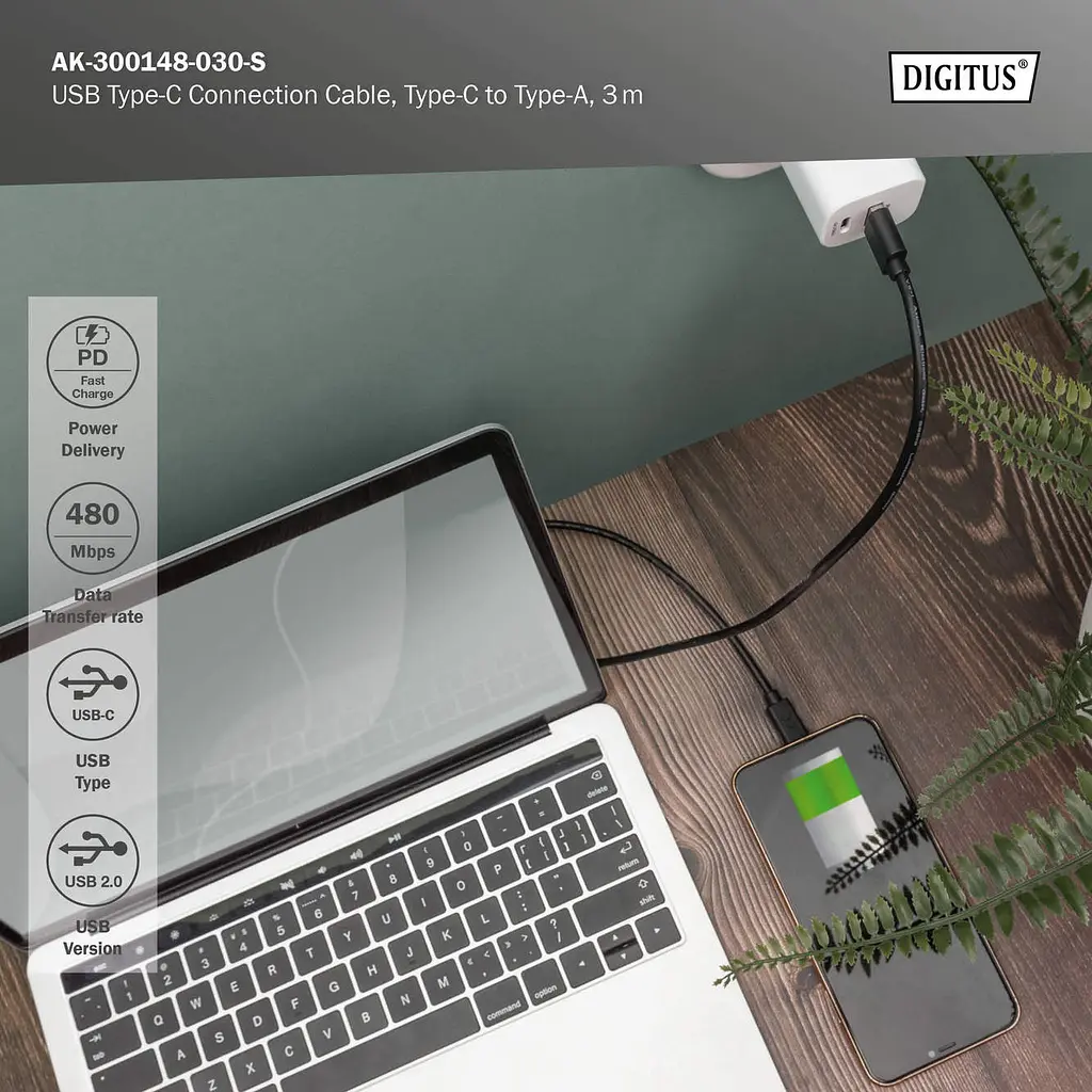 Кабель Digitus USB-A > USB-C заряджання/синхронізації, USB 2.0, M/M, 3м, чорний teh0025062 - фото 6