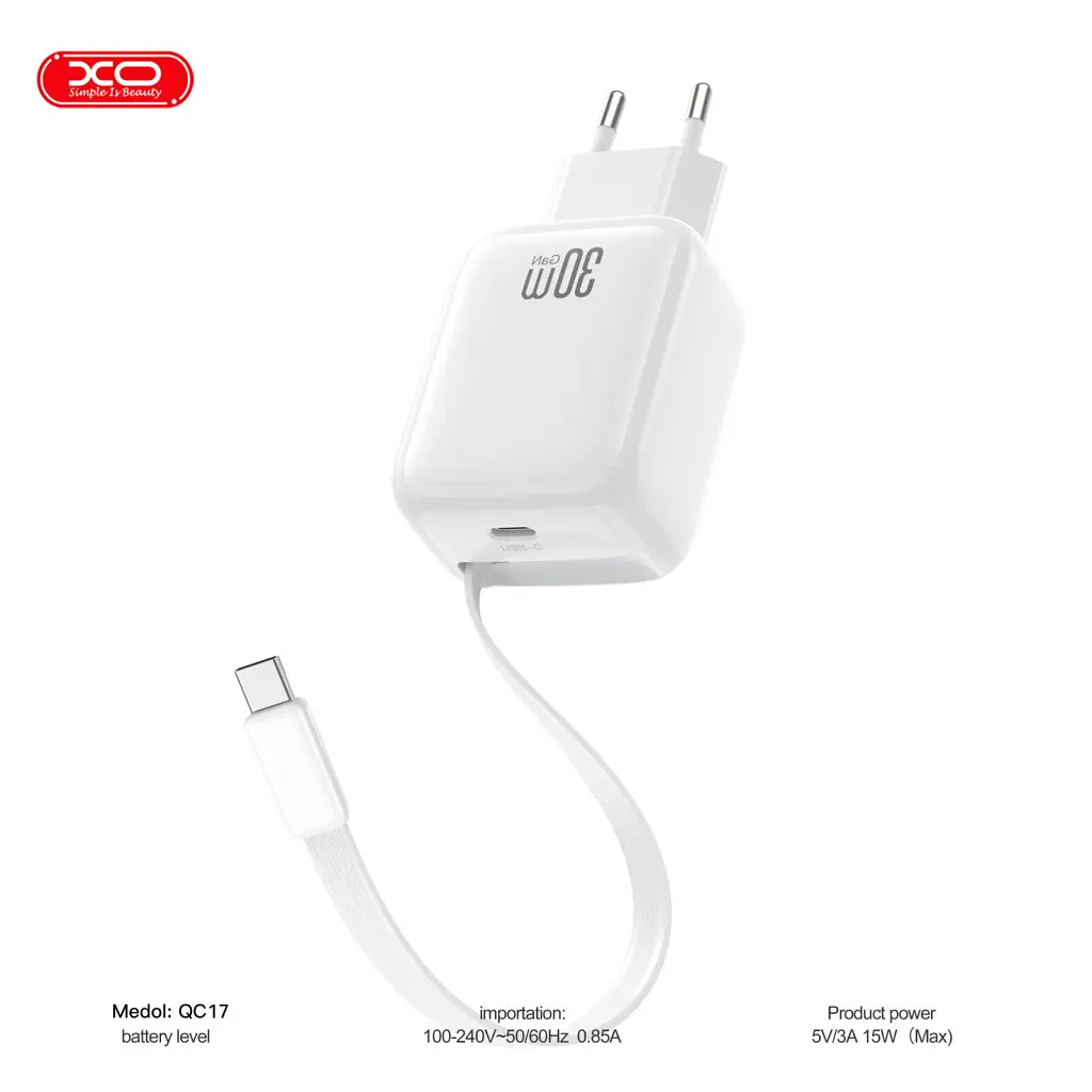 Зарядний пристрій XO 1xUSB-C PD30W GaN + cable USB-C to USB-C (XO-QC17) - фото 3