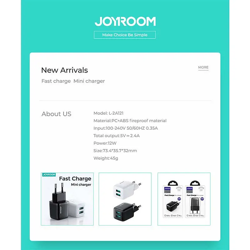 Адаптер мережевий JOYROOM Mini dual port smart fast charge L-2A121 2USB зарядне чорне - фото 7