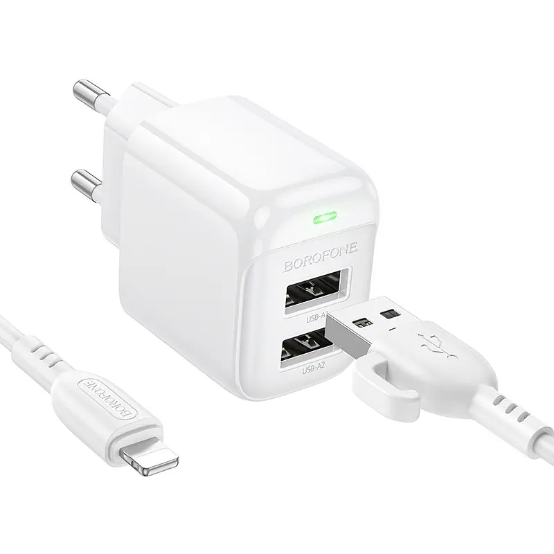 Зарядний пристрій з кабелем- адаптер мережевий Borofone BAS41A 2 виходи USB + micro кабель - SET білий - фото 2