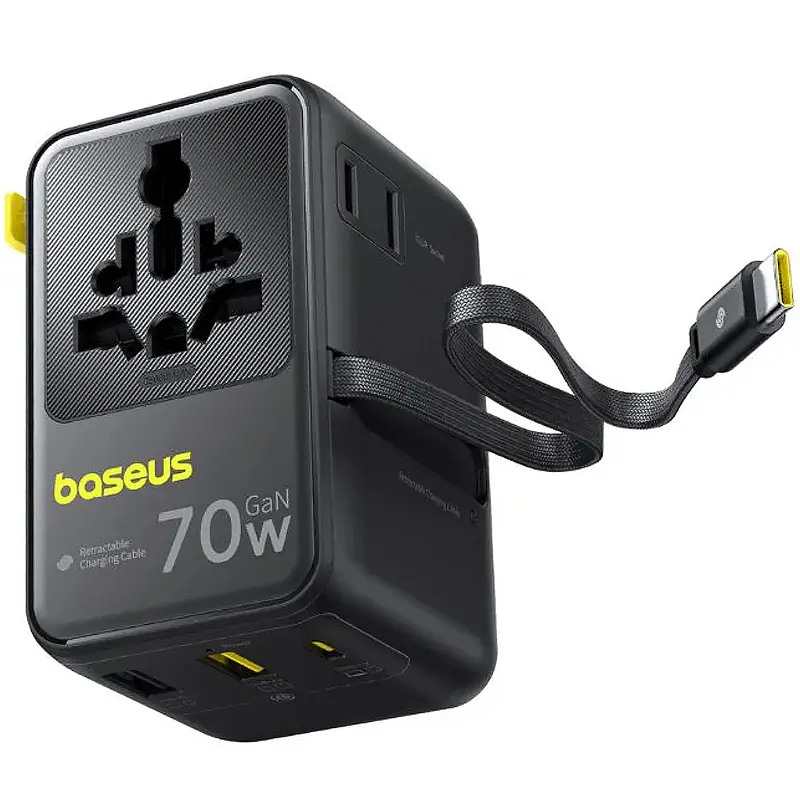 Мережевий універсальний перехідник Baseus CG11 70W with retractable cable (2USB-A/3C/1Socket) (E0307E) Cosmic Black - фото 3