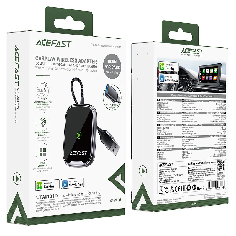 Адаптер ACEFAST QC1 CarPlay wireless adapter for car Metal Gray (6974316285793) - фото 2