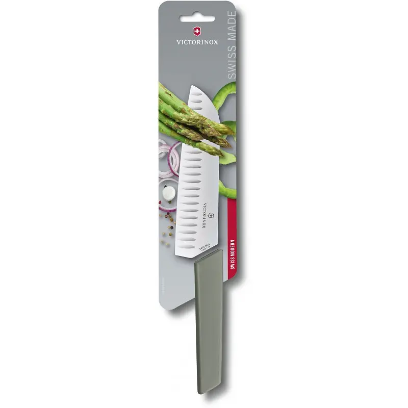 Кухонний ніж Victorinox Swiss Modern Santoku лезо 17см ріфл. з зел. ручкою (блістер) - фото 6