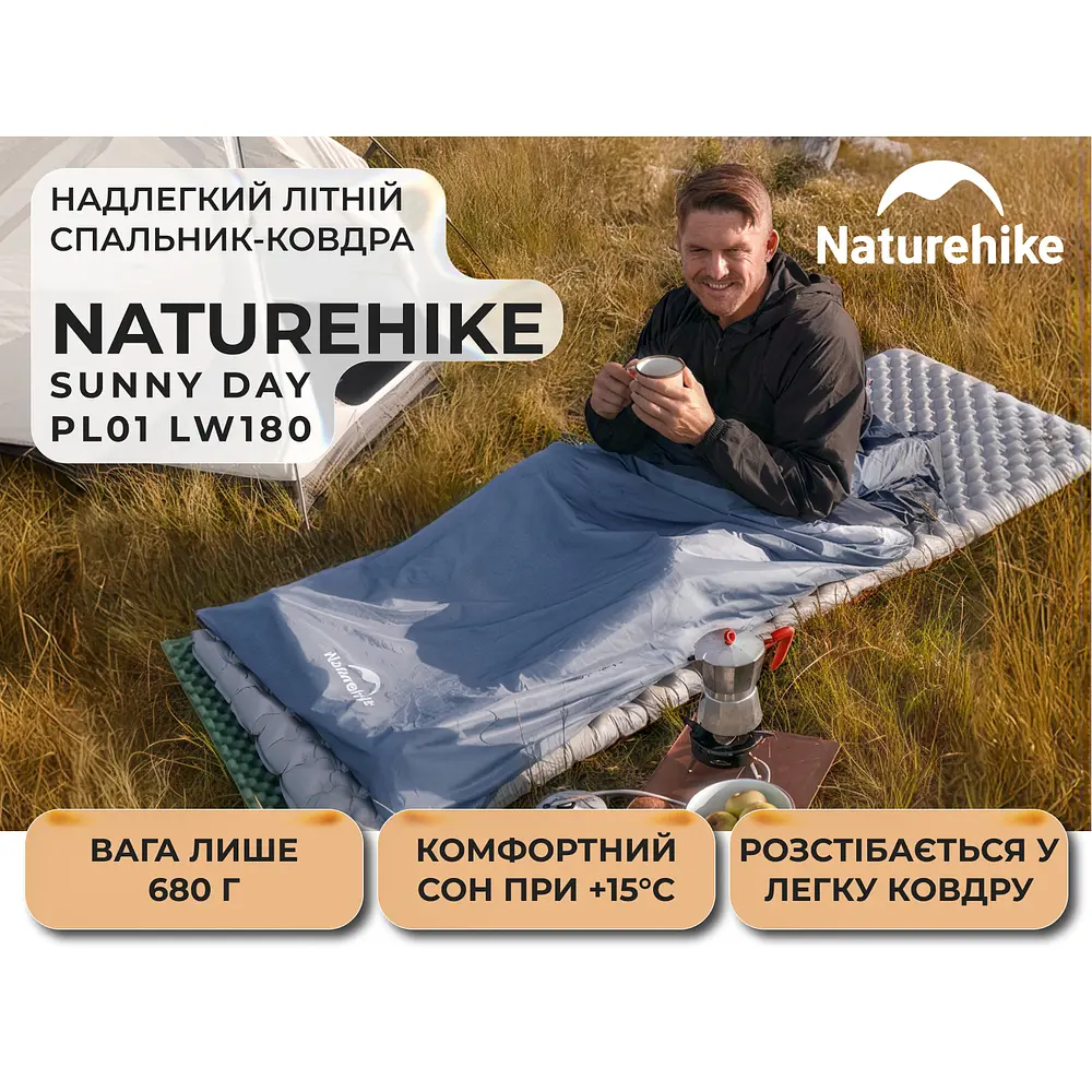 Спальник надлегкий Naturehike Sunny Day PL01 LW180 CNK2550WS026, (15°C), p-p regular, блакитний - фото 5