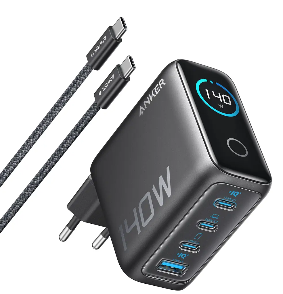Мережевий зарядний пристрій Anker Laptop GaN Charger 140W, 3xUSB-C PD3.1 & 1xUSB-A w Display and Cable Чорний (7121460)