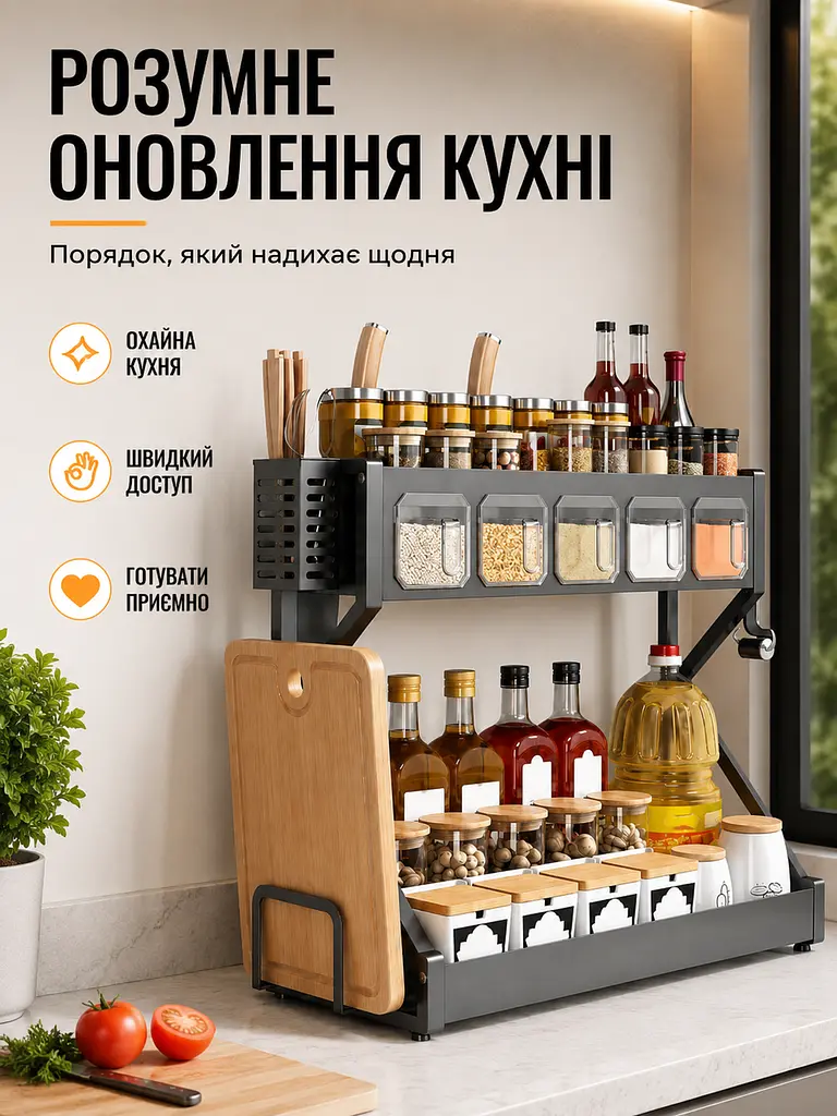 Органайзер для спецій двоярусний 55×21×43 см сірий кухонний стелаж (49676052) - фото 4