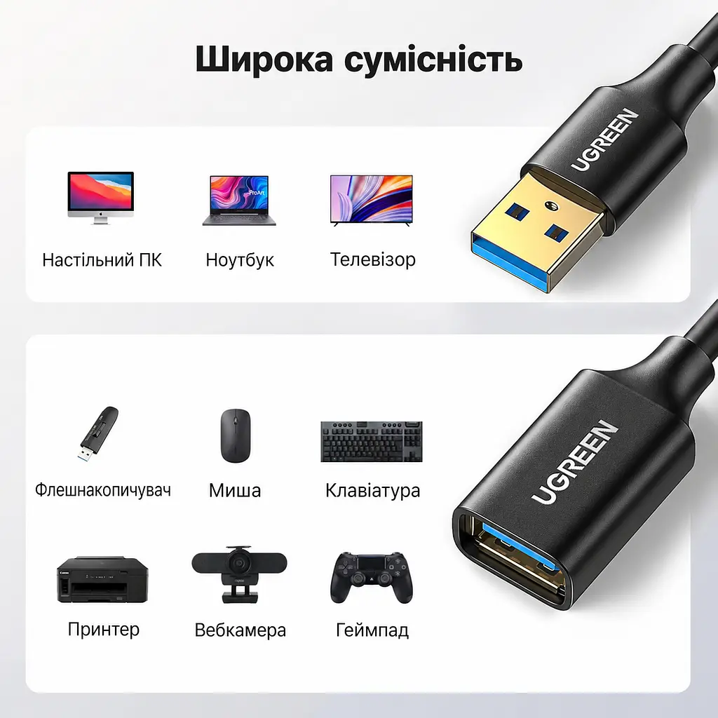 Кабель-подовжувач UGREEN US129 USB 3.0 Type-A 1 м чорний (10368) - фото 4