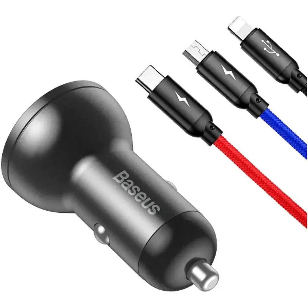 Автомобільний зарядний пристрій Baseus Digital Display Dual USB 24W 3-in-1 Gray (TZCCBX-0G) [169694] - фото 5