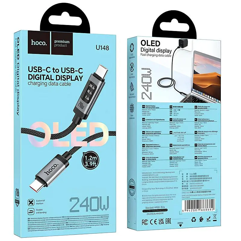 Дата кабель Hoco U148 Lord with display Type-C to Type-C 240W (1.2m) Black - фото 2