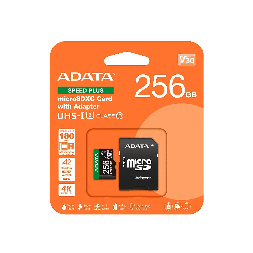 Карта пам'яті microSDXC (UHS-1 U3) A-DATA SPEED PLUS 256Gb Class 10 V30 A2 (R-180Mb/s W160Mb/s) (adapter SD) - фото 2