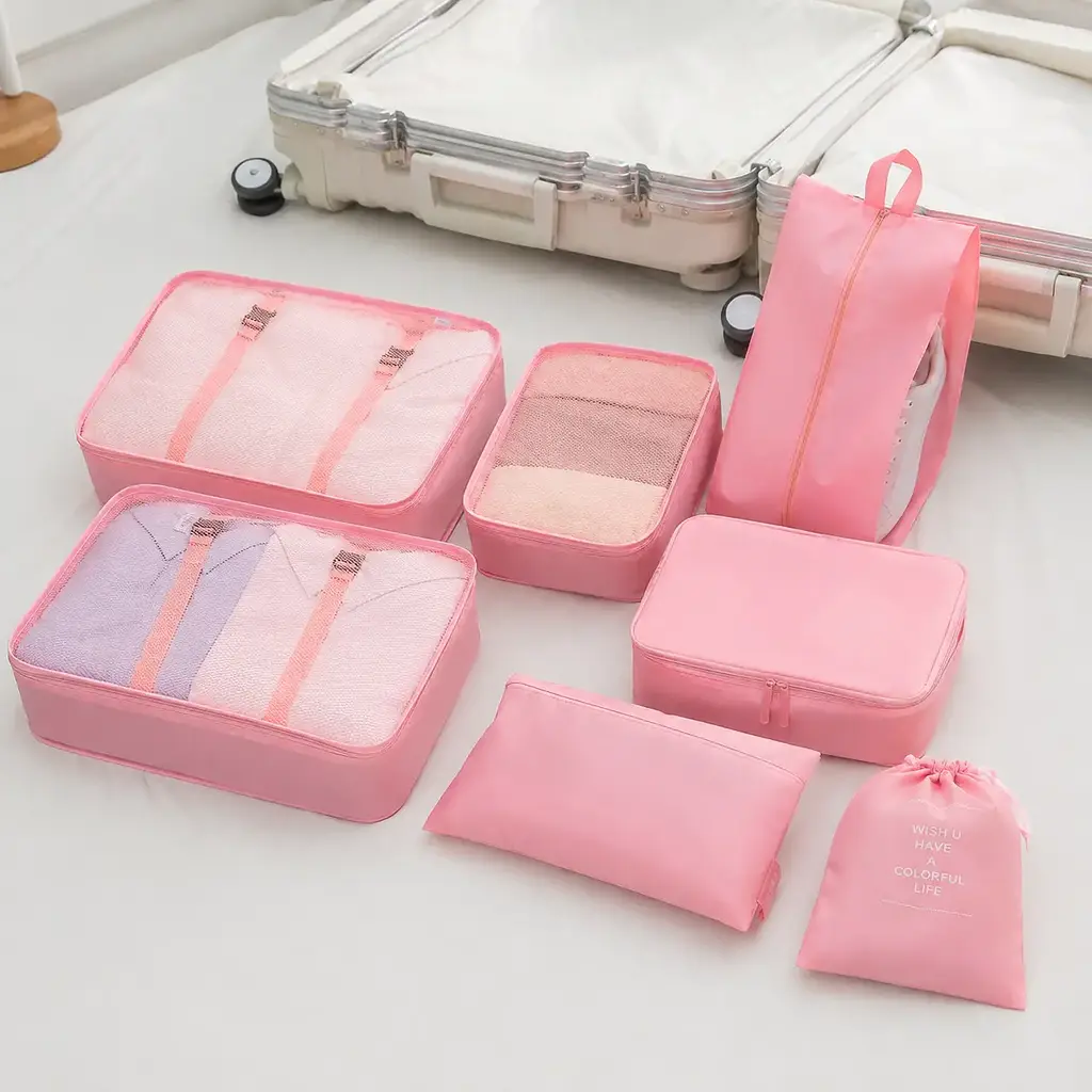 Набір органайзерів для валізи 7 в 1 — дорожні сумки для одягу та аксесуарів, комплект для подорожей рожевого кольору KT8004201 - фото 2