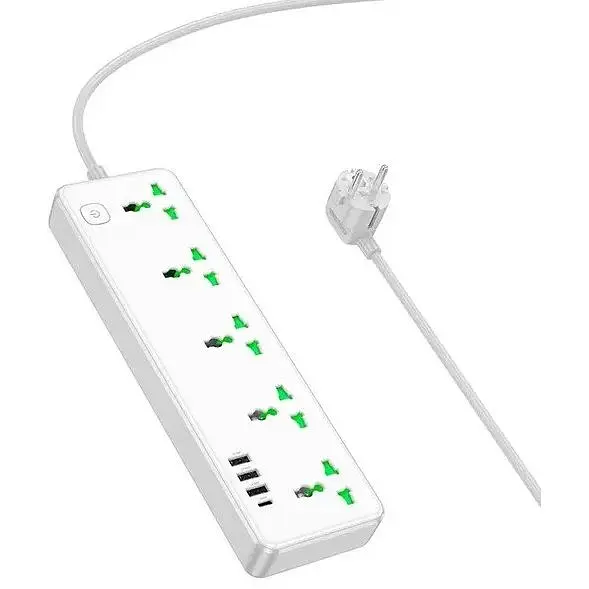 Подовжувач мережі Hoco AC13A на 5 розеток 3USB/1Type-C 10A 250V 1.5 м 2500W білий - фото 2