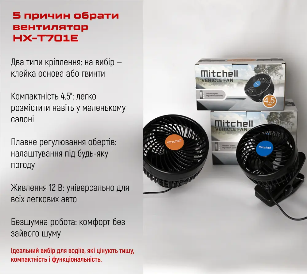 Автомобільний вентилятор Mitchell 6" 24V 12W на затиску два режими (HX-T704) - фото 6