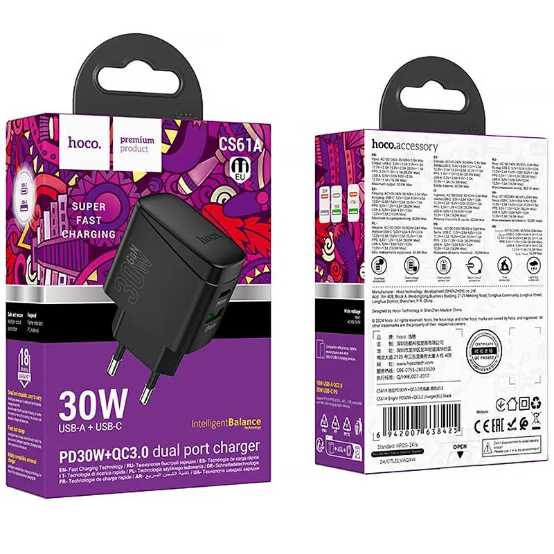 МЗП Hoco CS61A Bright PD30W+QC3.0 (1USB-A/1C) Black - фото 6