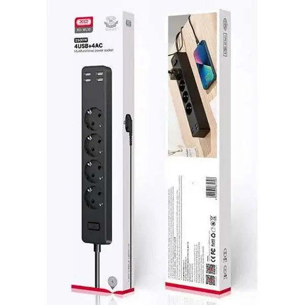 Мережевий фільтр XO WL10 подовжувач 1.8 м 4 розетки 4 USB чорний - фото 2