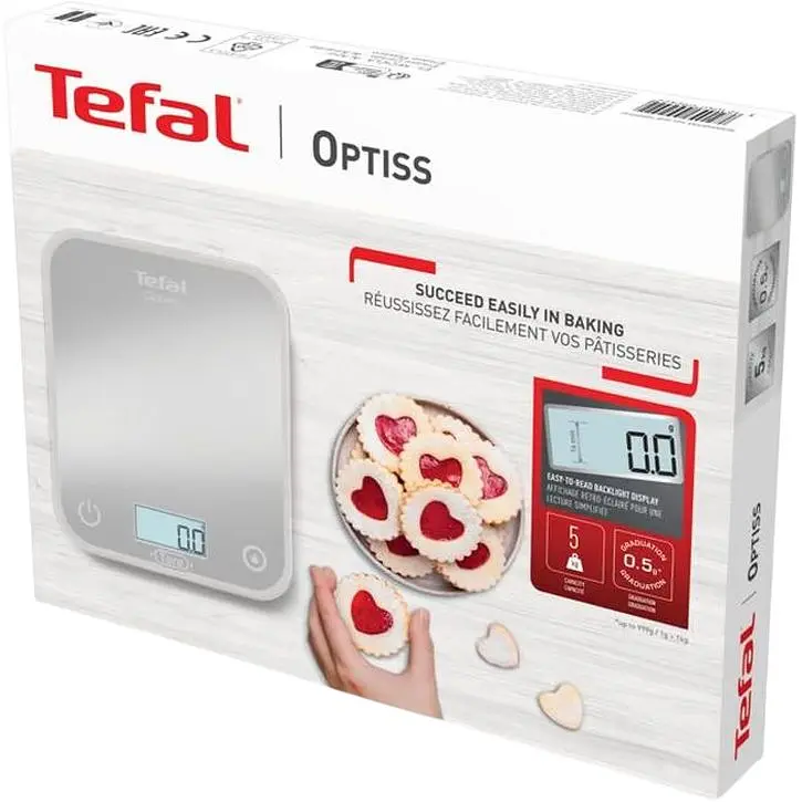 Ваги кухонні Tefal Optiss 5 кг скло AAAx2 в комплекті сріблясті (BC50U4V0) - фото 3