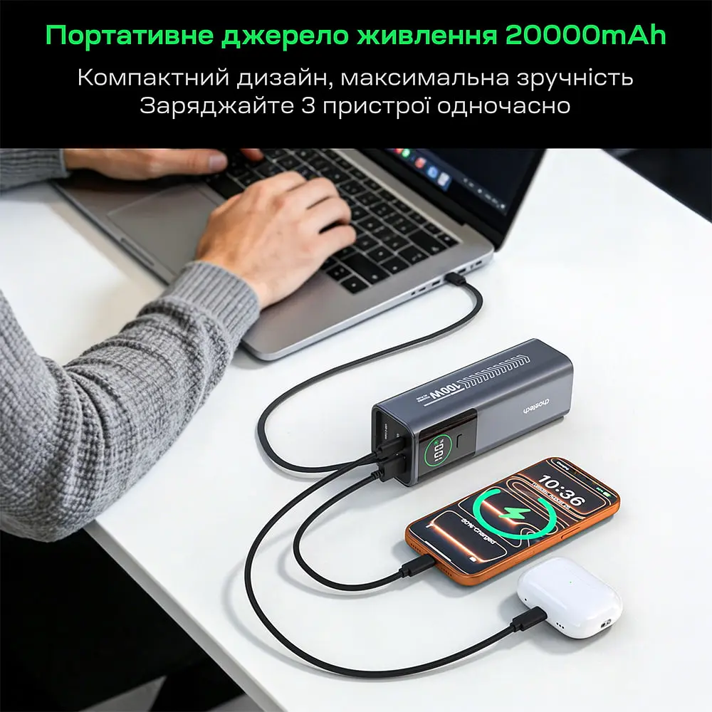 Повербанк 20000mAh Choetech B1012 Grey 100W з EU адаптером QC3.0 PD3.0, вбудований кабель (43-00164) - фото 6