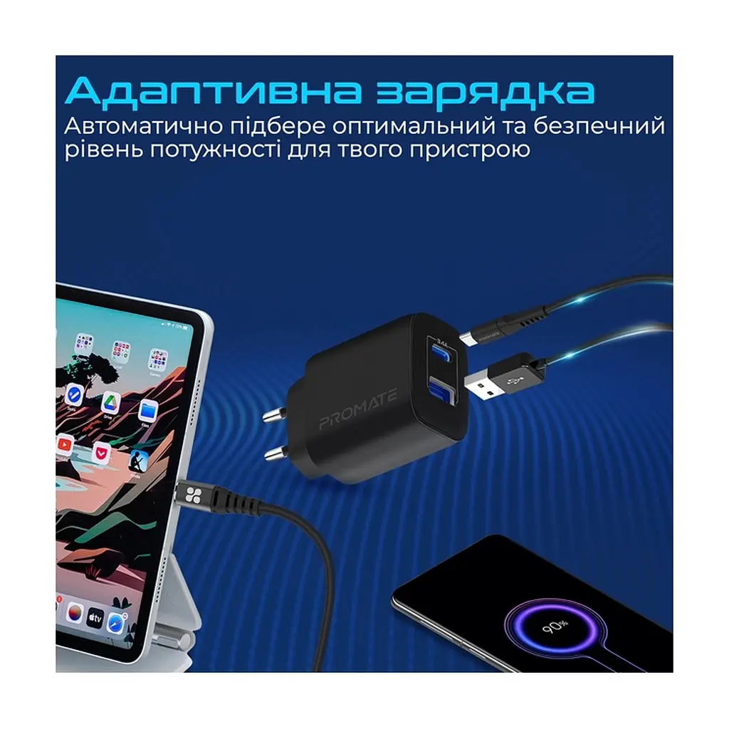 Зарядний пристрій Promate 17W USB-C + USB-A (biplug-2.black) - фото 4
