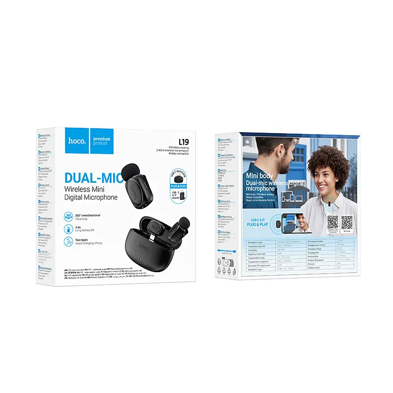 Бездротова мікрофонна система HOCO L19 Graceful dual-mic (iP/Type-C) Black (6942007655477) - фото 2