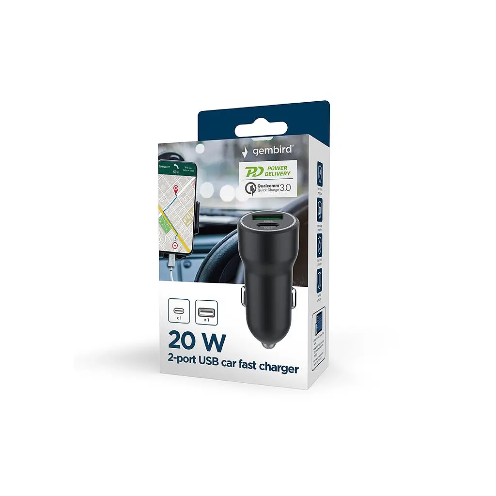 Зарядний пристрій Gembird 1xUSB-A (18W QC3.0) + 1xUSB-C (20W PD) black (TA-UC-A2PDQC20-CAR-01) - фото 5