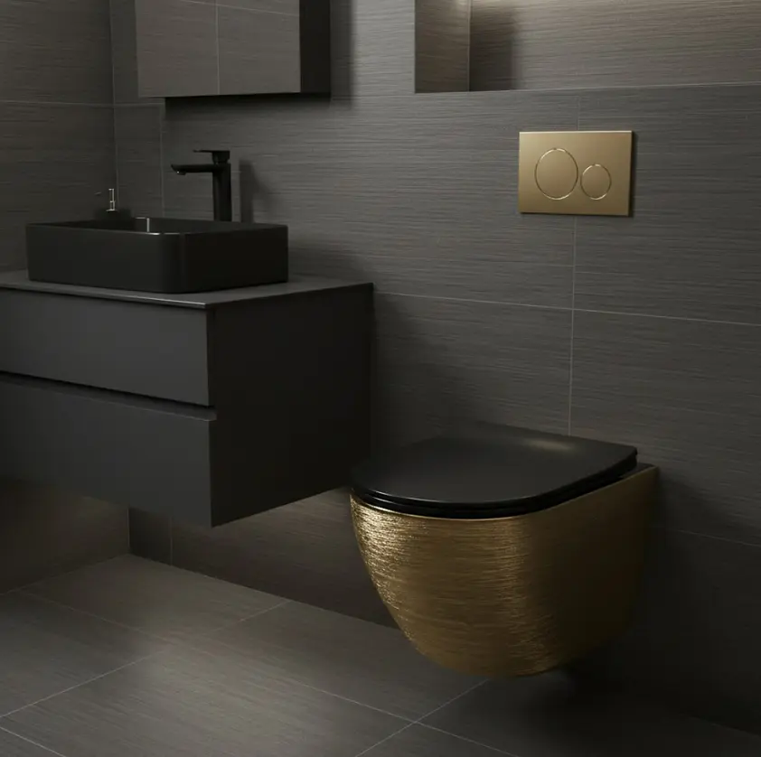 Підвісний унітаз Rea Carlo Tornado безободковий 49x36 см black з оздобленням brushed gold REA-C4330 - фото 6