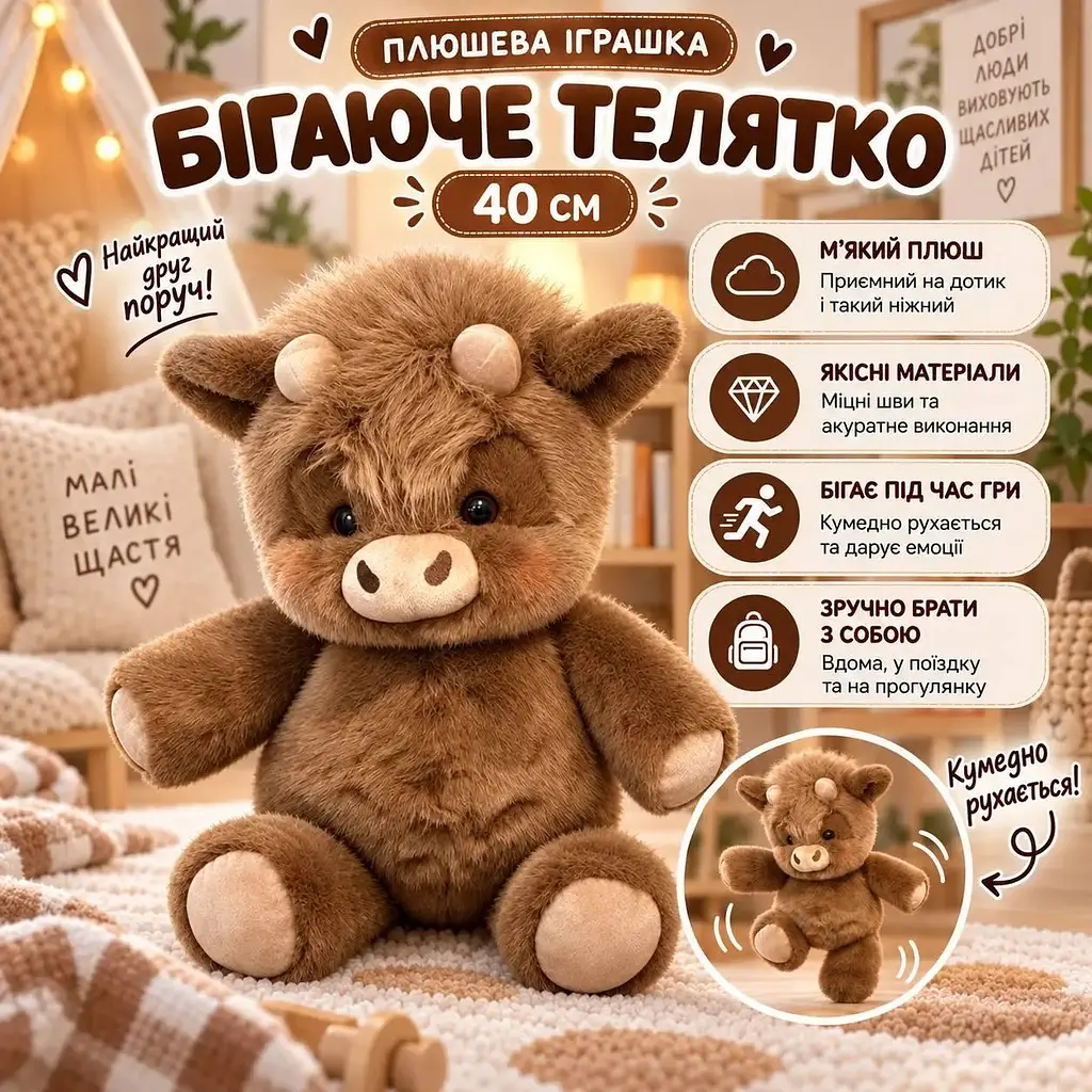 М'яка іграшка Бігаюче телятко 40 см Плюшевий бичок що бігає Коричневий - фото 2