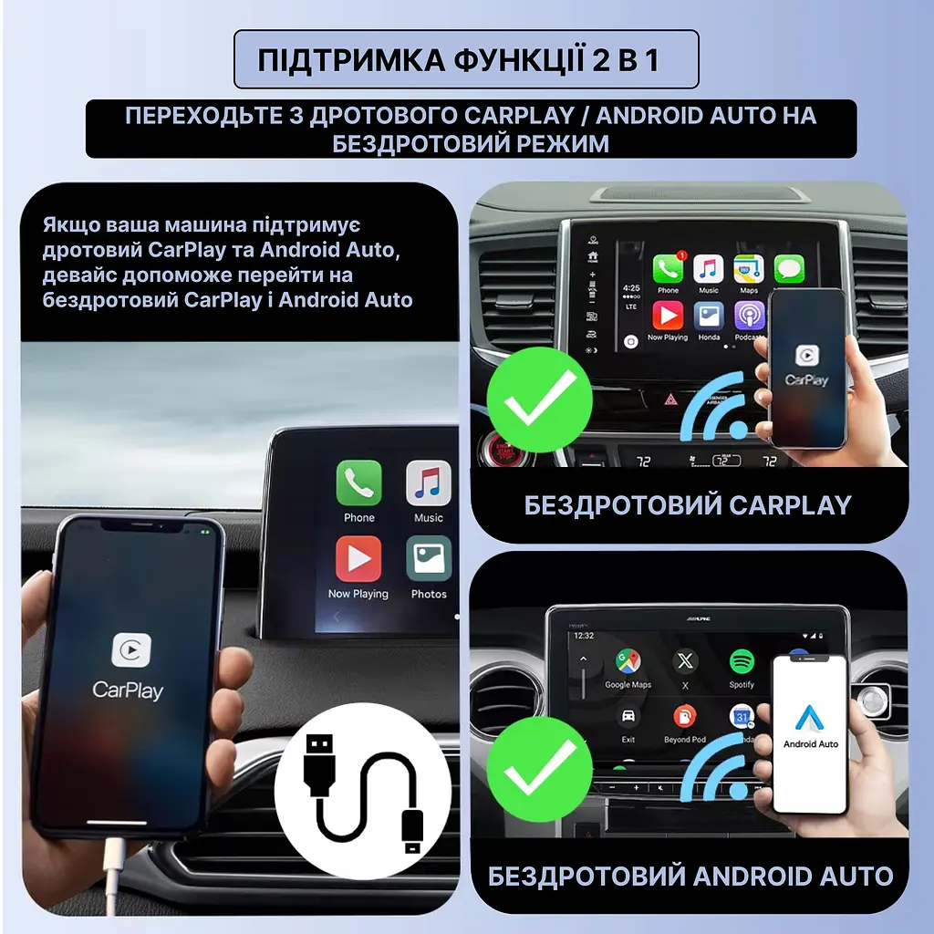 Бездротовий USB Адаптер XUDA 2в1 для автомобіля Apple CarPlay і Android Auto, WiFi 5G, Bluetooth 5.0 - фото 2