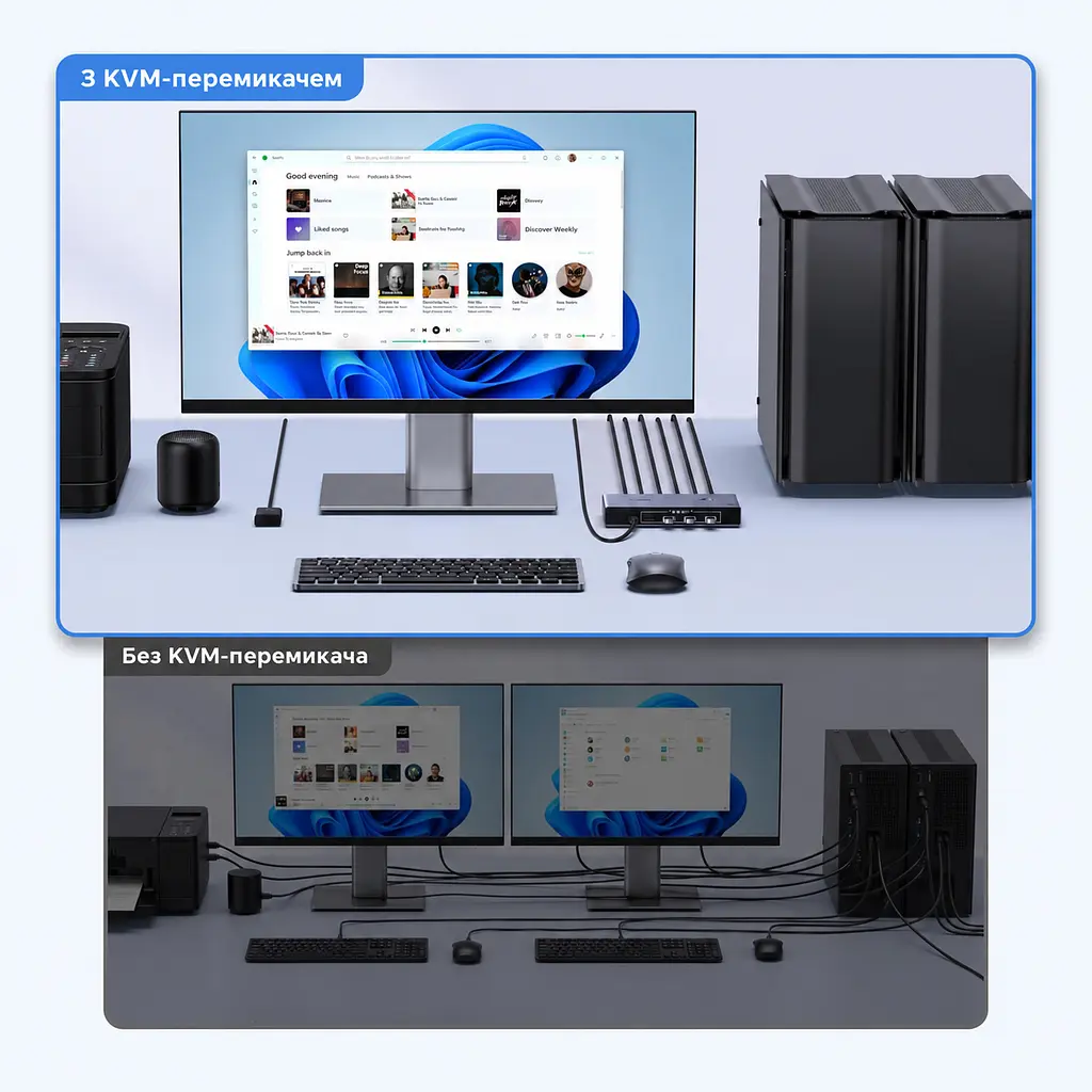KVM-перемикач UGREEN CM695 DisplayPort 1.4 2 ПК і 1 монітор до 8K 60 Гц або 4K 240 Гц 3 USB-A та 1 USB-C USB 3.0 до 5 Гбіт/с для 8K 60 Гц (25962A) - фото 14