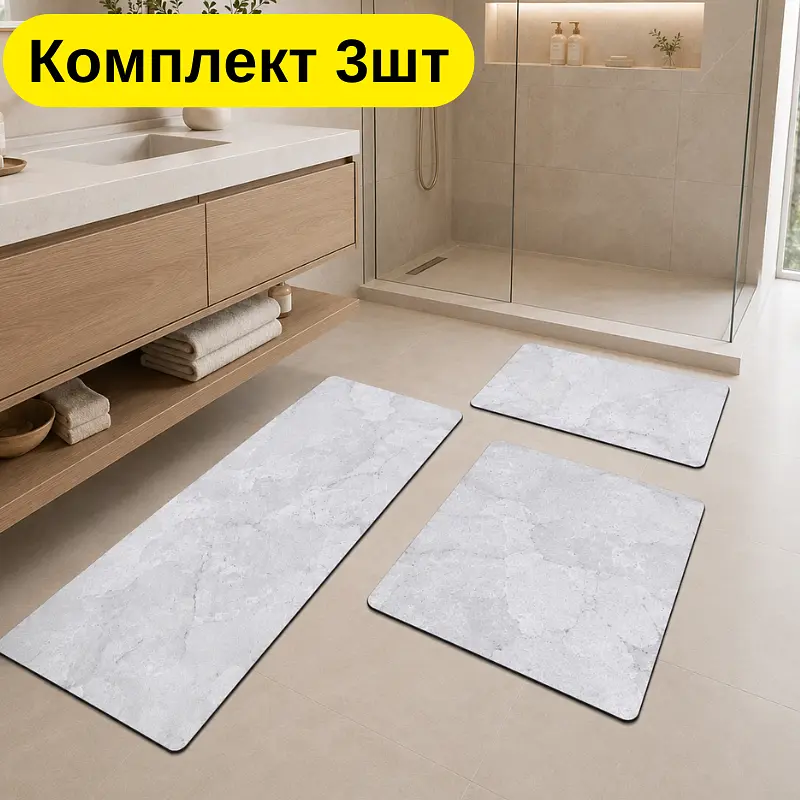 Комплект килимків для ванної кімнати 3 шт — прямокутні 40×60 см, 40×80 см і 50×55 см білий мармур KT9000152 - фото 2