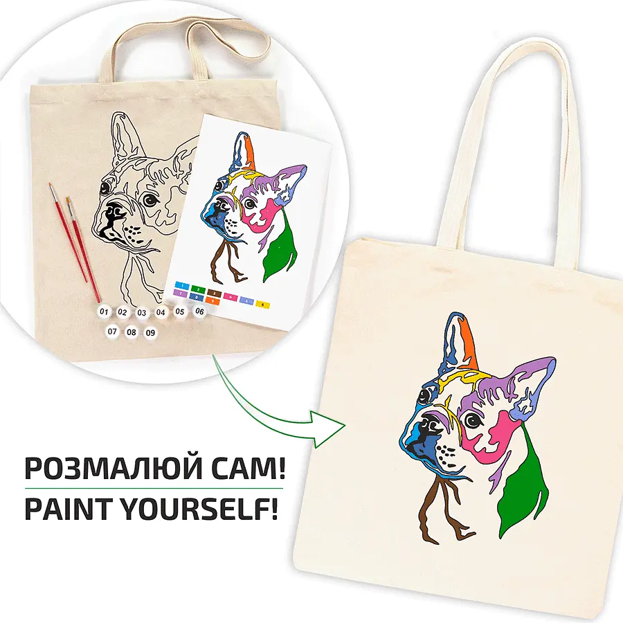 Набор экосумка-раскраска «Яркий мопс» хлопок 220 г/м2 38х42см ROSA Talent [CD] - фото 7