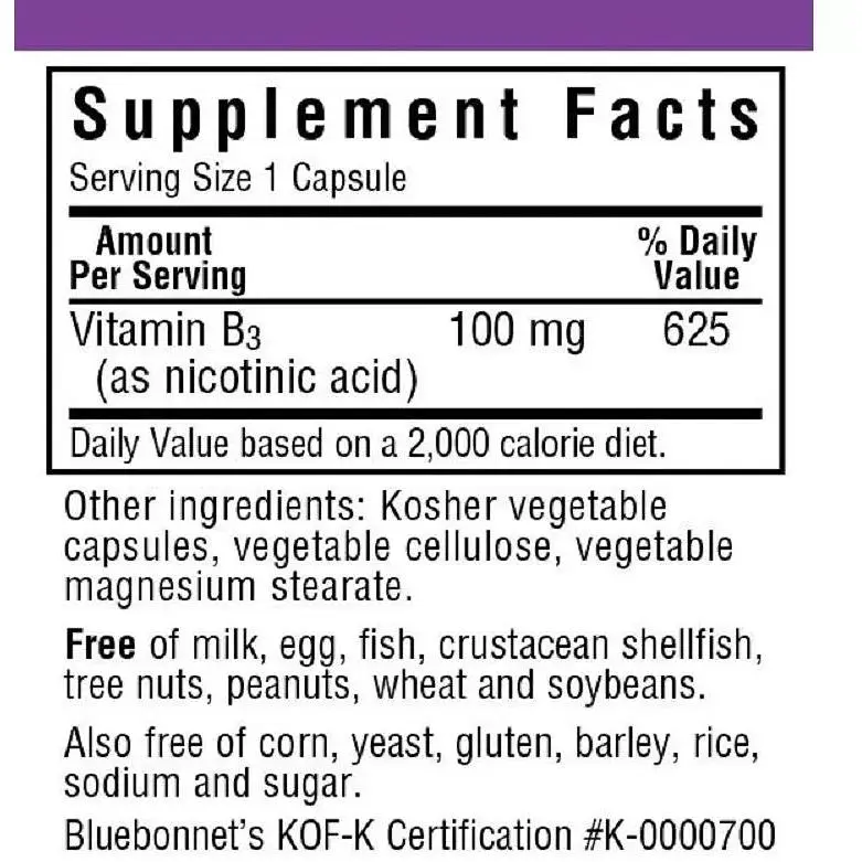 Витамин В3 ниацин Bluebonnet Nutrition 100 мг 90 вегетарианских капсул - фото 2