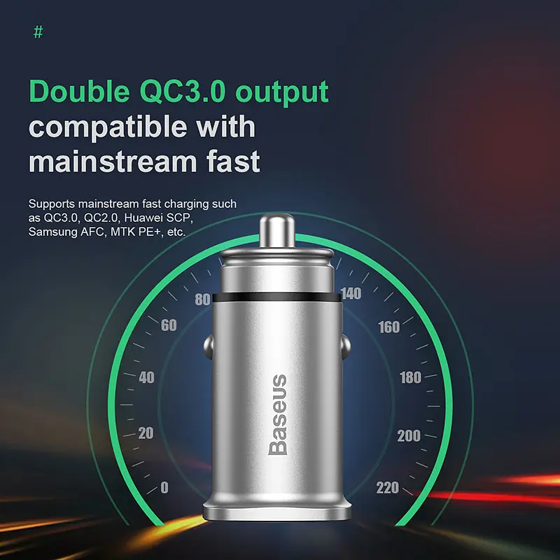 Адаптер автомобильный BASEUS Square metal QC3.0 2 USB 30 W 5 A CCALL-DS01 - фото 2