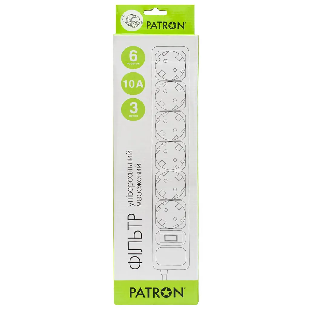 Мережевий фільтр живлення Patron 3.0 m3*1mm2 (SP-1063) 6 розеток BLACK (EXT-PN-SP-1063) - фото 2