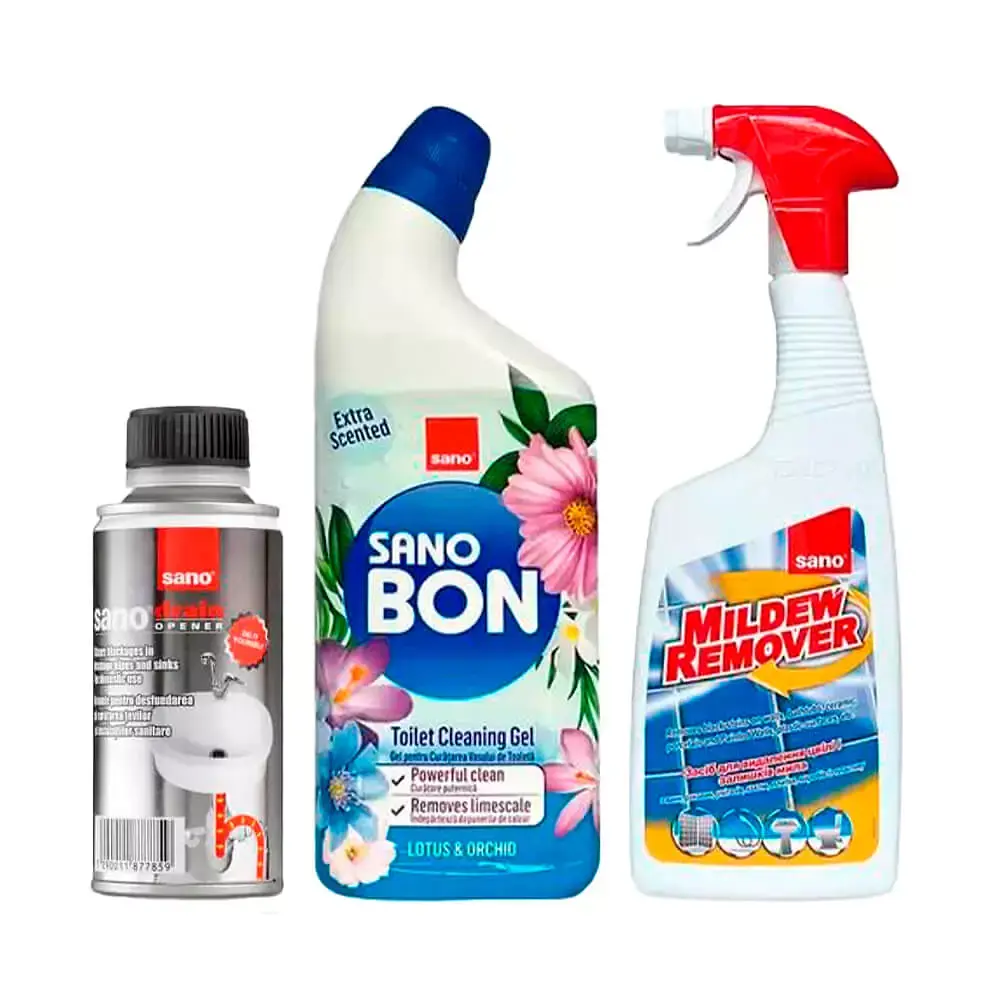 Набір Sano Засіб для видалення цвілі Mildew Remover, Засіб для прочищення каналізаційних труб Drain, Гель для чищення унітазів Sanobon Gel Lotus (293561, 877859, 352153)