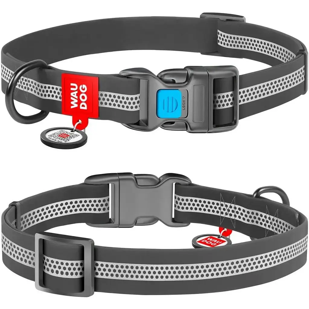 Нашийник для собак Waudog Waterproof, коллартекс, водостійкий, світловідбивний, з QR паспортом, пластикова пряжка-фастекс, S, 23-35х1,5 см, сірий - фото 3