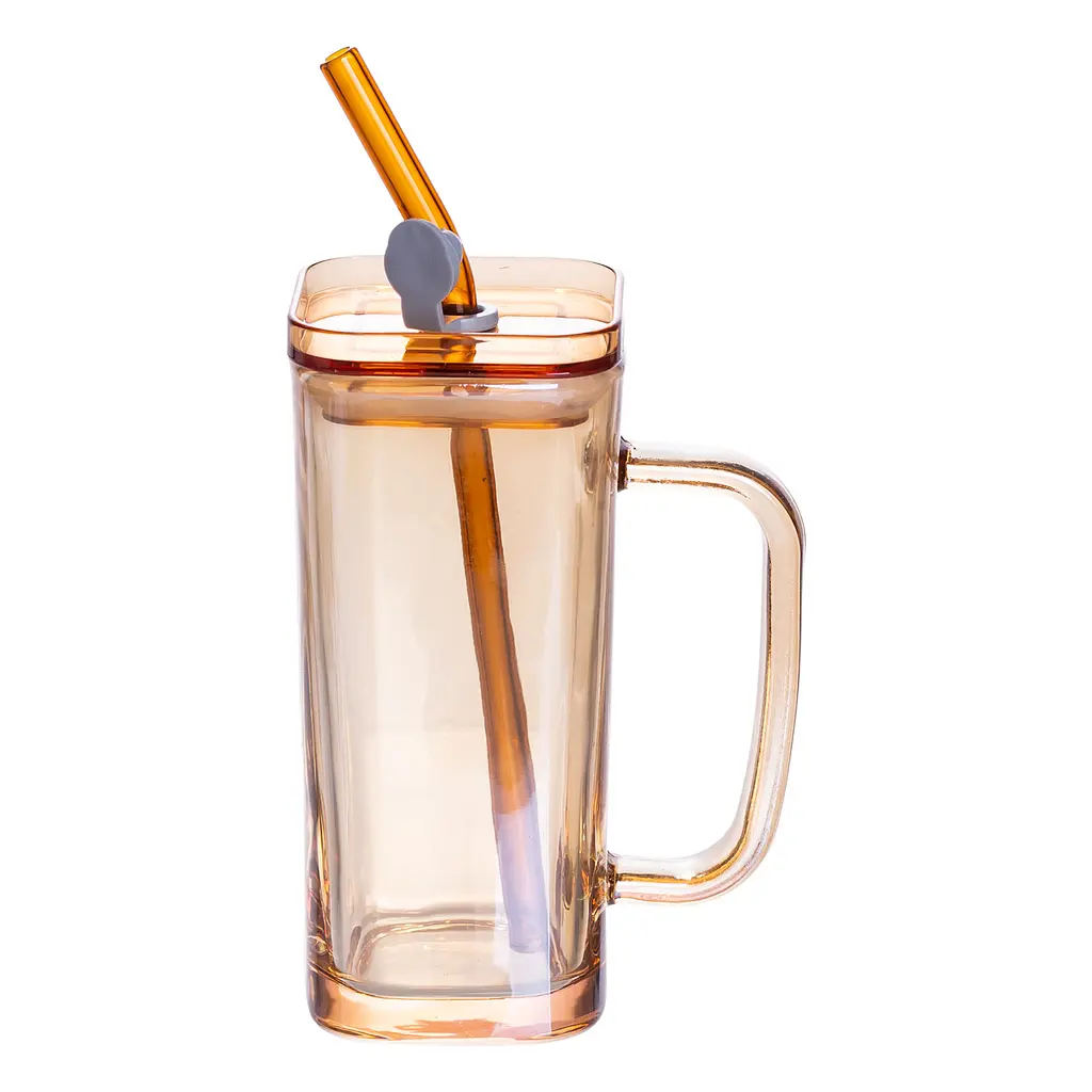 Кружка стеклянная с крышкой и трубочкой 280 мл Золотистый Yiwu HP-19-53GLD - фото 2