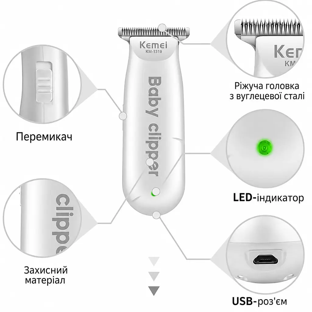 Машинка для стрижки дітей Kemei KM-1319 / Тример з насадками / Дитяча машинка для стрижки волосся - фото 3