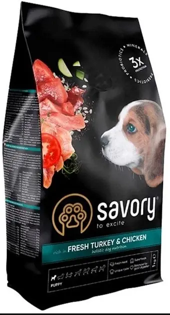 Сухий корм для цуценят Savory Puppy rich in Fresh Turkey and Chicken з індичкою та куркою 1 кг