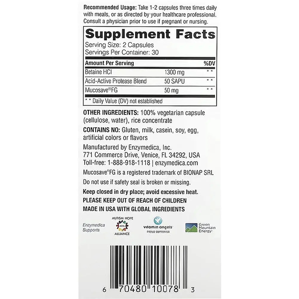 Бетаїн HCI Enzymedica 1300 мг 60 капсул - фото 3