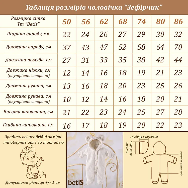 Утеплений комбінезон для немовлят зріст 56 см (0 - 1 місяць) Зефірчик Betis Молочний - фото 8