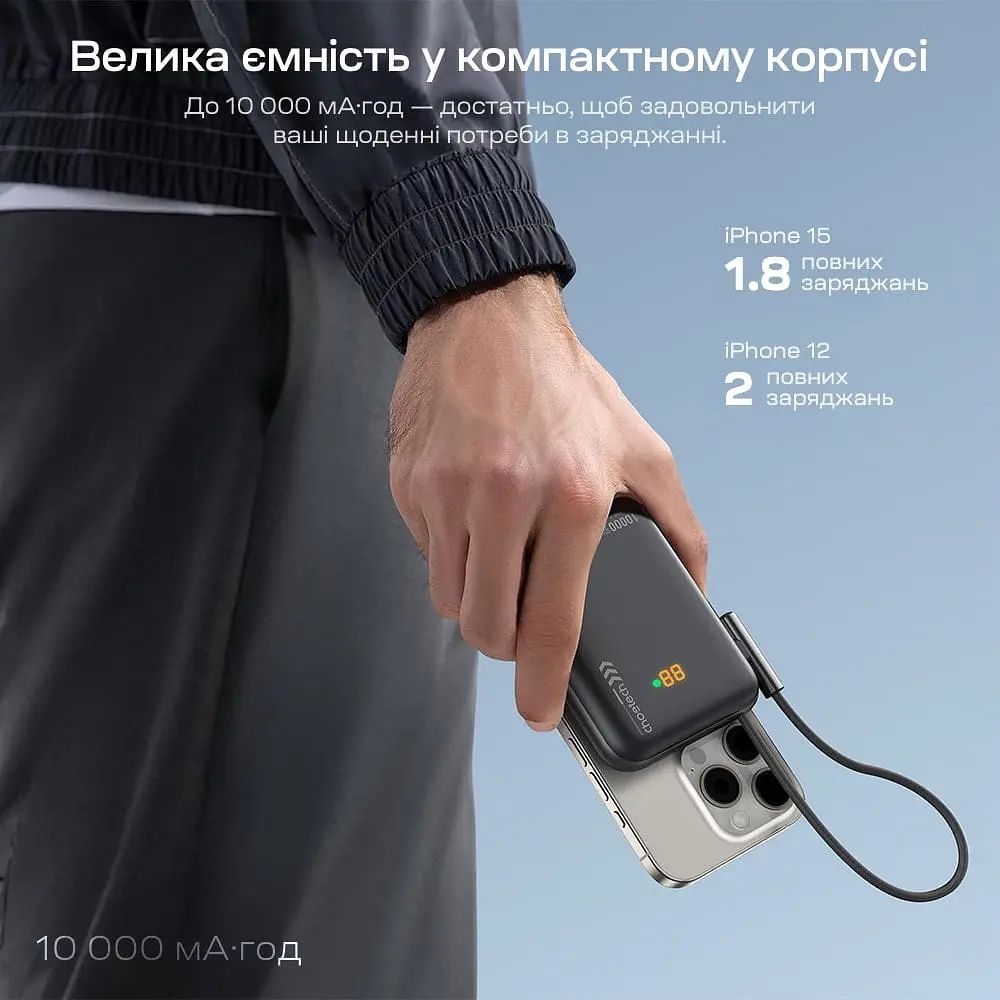 Повербанк 10000mAh Choetech B735 Black QC3.0 PD3.0 бездротова магнітна зарядка, вбудований кабель, підставка (43-00149) - фото 10