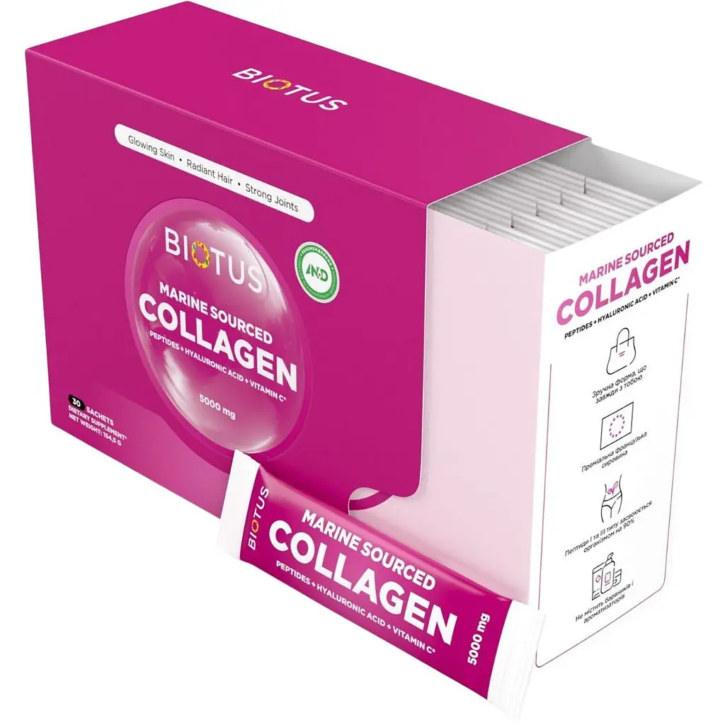 Морський колаген з гіалуроновою кислотою та вітаміном С Biotus Marine Sourced Collagen Peptid 154.5 г (30 шт. х 5.15 г) - фото 3