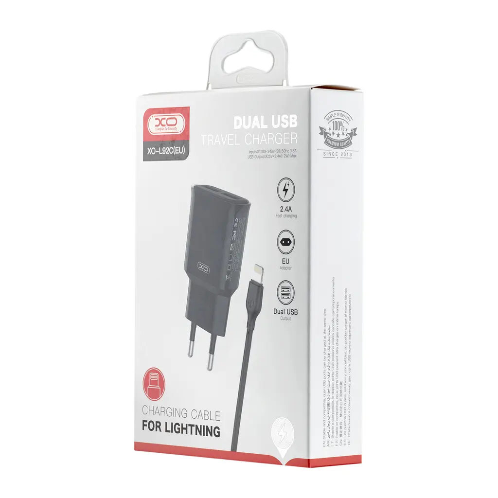 Сетевое зарядное устройство для XO L92C EU dual 2.4A Charger with Lightning cable ( NB103 ) Черный - фото 2