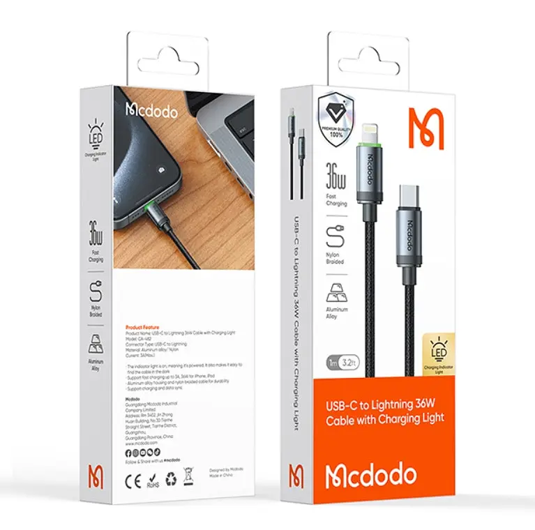 Кабель Mcdodo USB-C to Lightning 36W Cable with Charging Light 1 м Чорний - фото 2