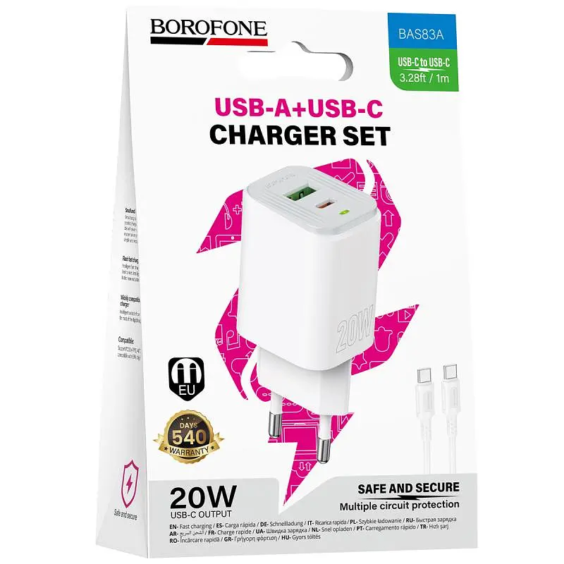 СЗУ Borofone BAS83A Star PD20W+QC3.0 (1USB-A/1C) + кабель Type-C to Type-C White - фото 3