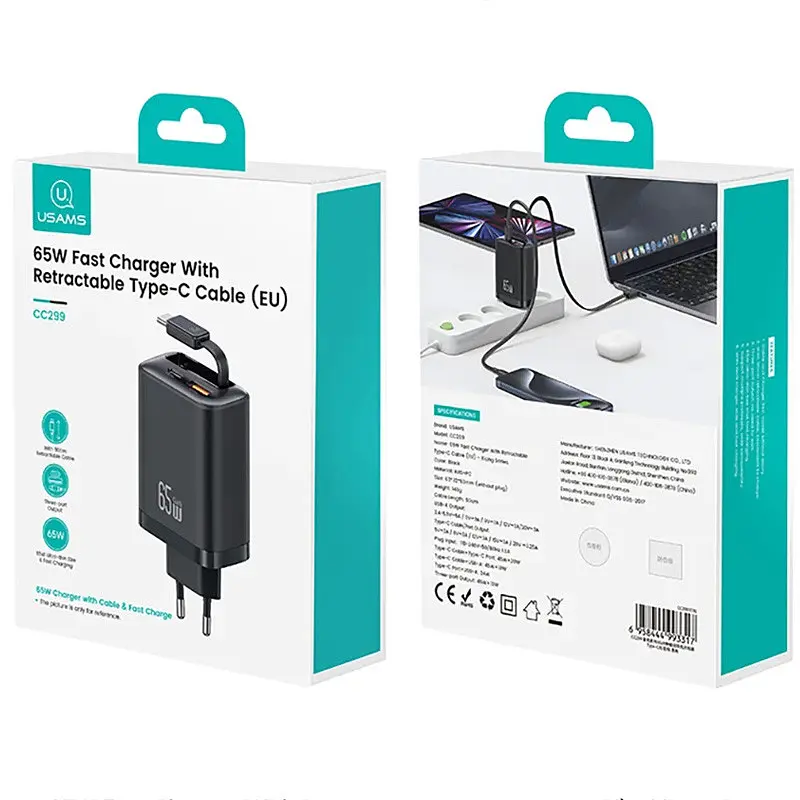 МЗП Usams US-CC299 GaN With Retractable Type-C Cable Xiang Ser. 65W (1USB-A/1C) Black - фото 6