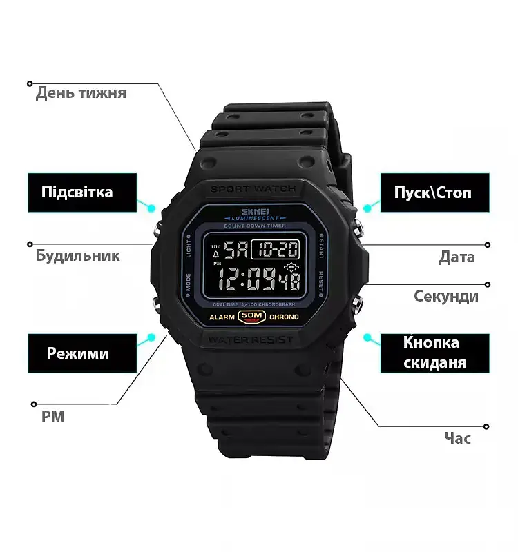 Мужские наручные электронные часы Skmei 1628 Черный с черным - фото 5