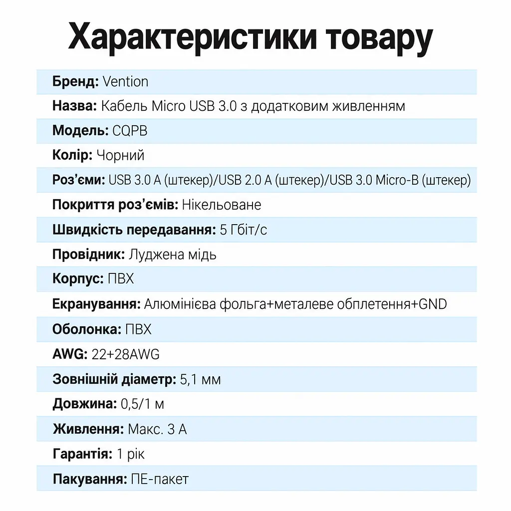 Y-подібний кабель Vention CQPBD USB 3.0 USB-A - Micro-B 0,5 м чорний (CQPBD) - фото 9